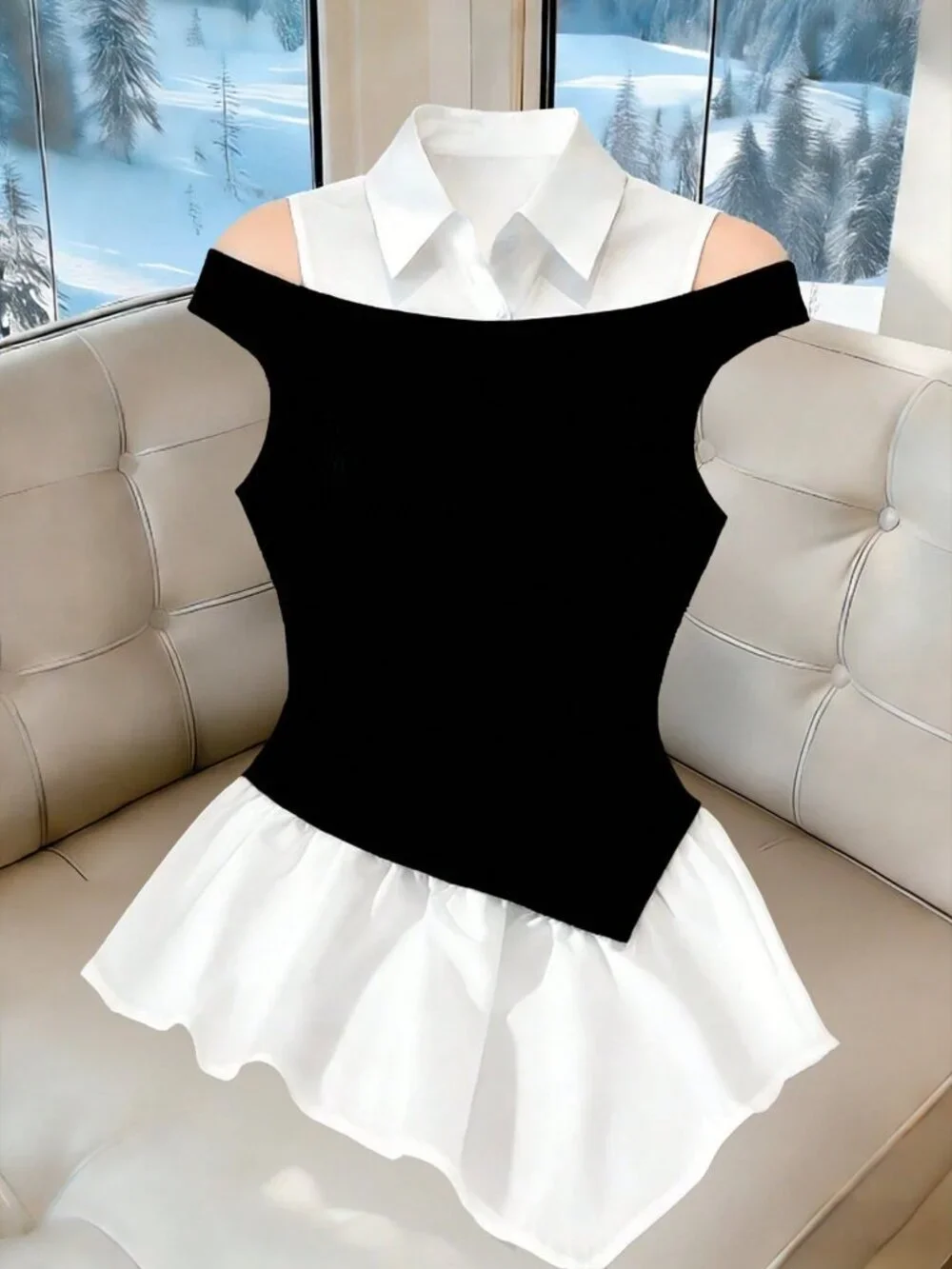 Black and White Casual Women's Patchwork Asymmetric Hem Top